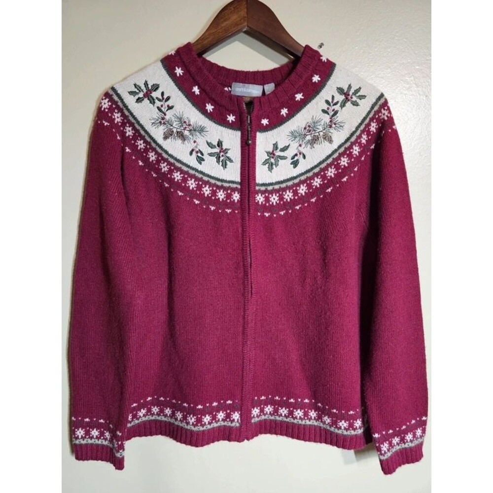 Croft & Barrow Embroidered Fair Isle Zip Cardigan Sweater Burgundy L